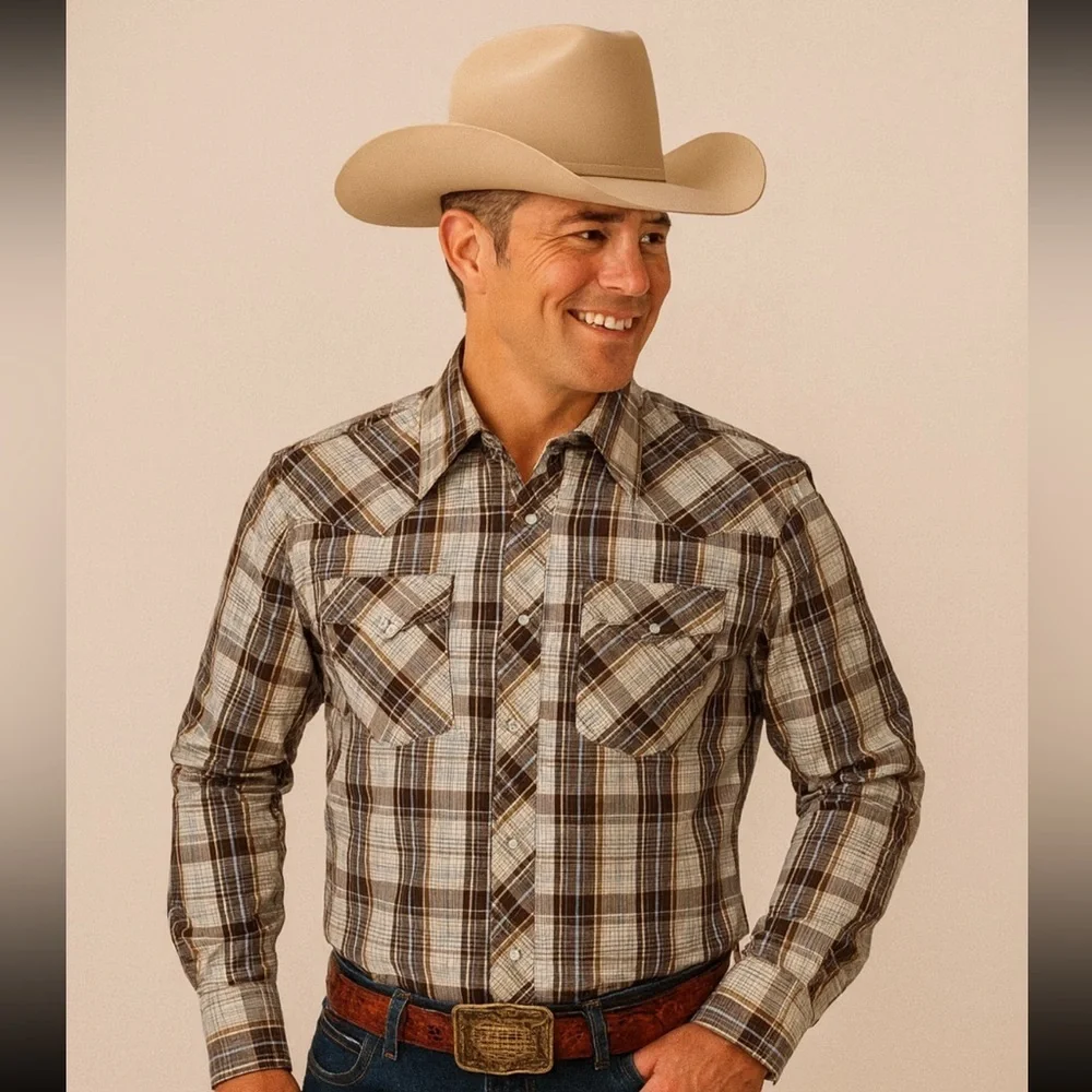 JC PENNEY MENS WESTERN SHIRT SIZE 15.5-34 PEARL SNAPS BROWN/ BLUE PLAID THIN